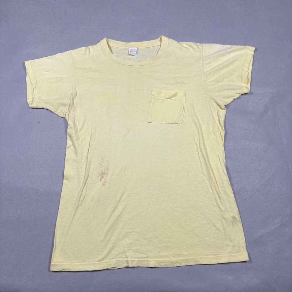 Vintage Selvedge Pocket T-Shirt Mens Large Yellow Cotton Paper Thin 80s